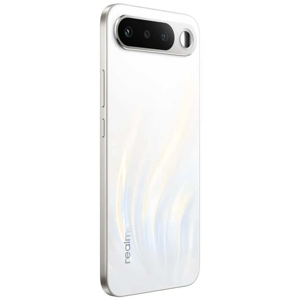 Realme 16 5G 256GB blanco con acabado nacarado, módulo de cámara horizontal triple y flash anular, bordes planos y diseño elegante brillante
