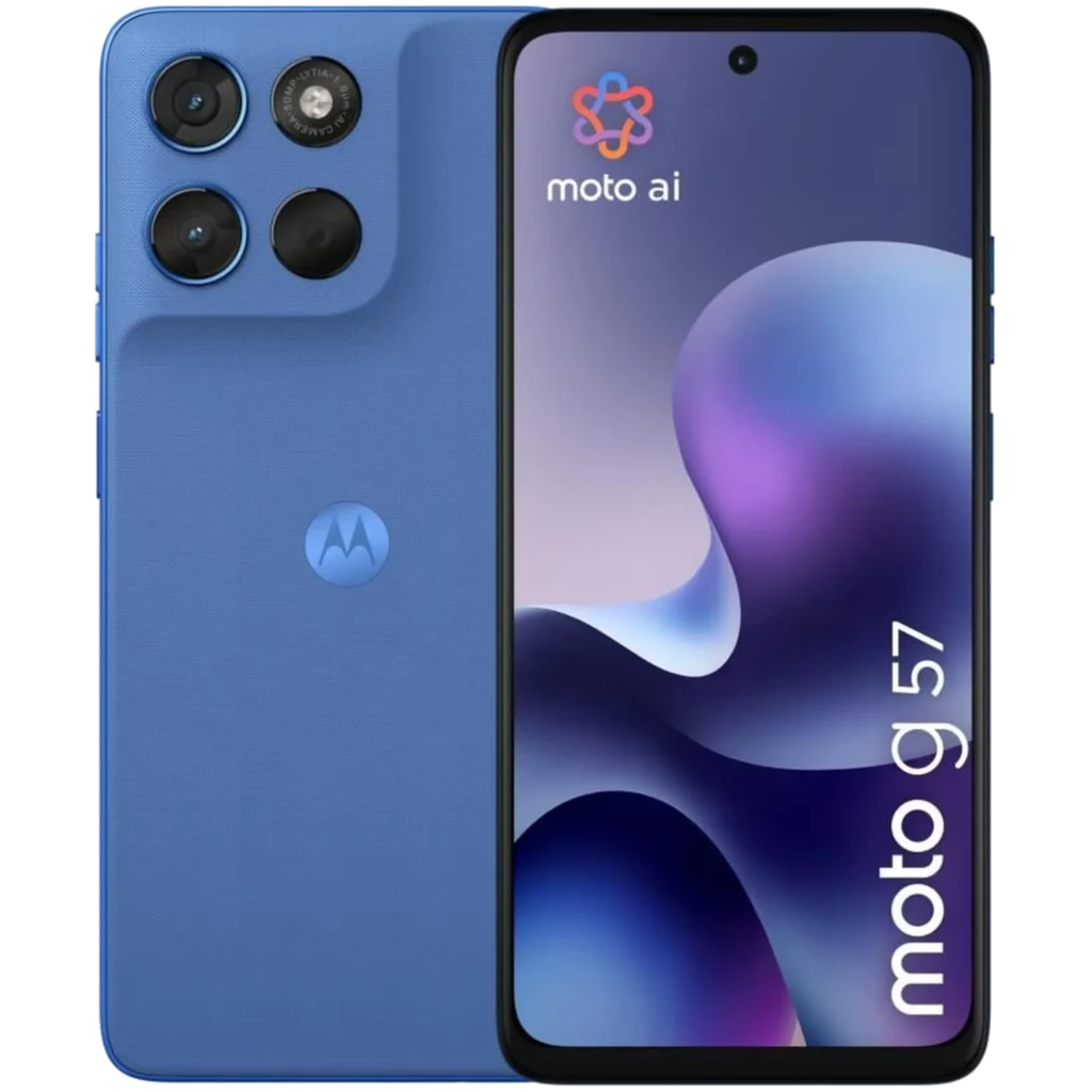 Motorola Moto G57 5G azul con pantalla 120 Hz, triple cámara trasera con sensor SONY, perforación frontal centrada, 8 GB RAM y 256 GB de almacenamiento