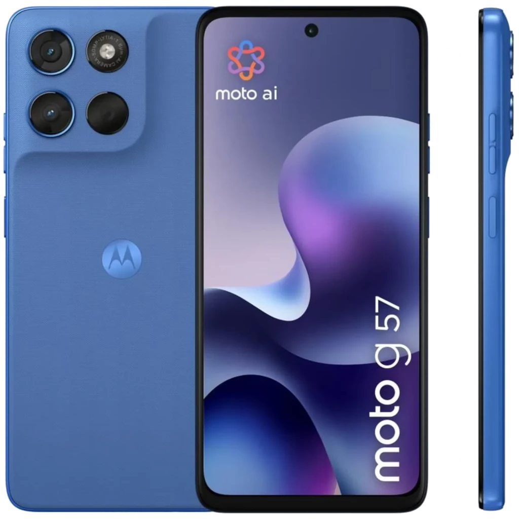 Motorola Moto G57 5G azul con triple cámara trasera grande, pantalla 120 Hz con orificio central, bordes planos y botones laterales; 256GB y 8GB RAM