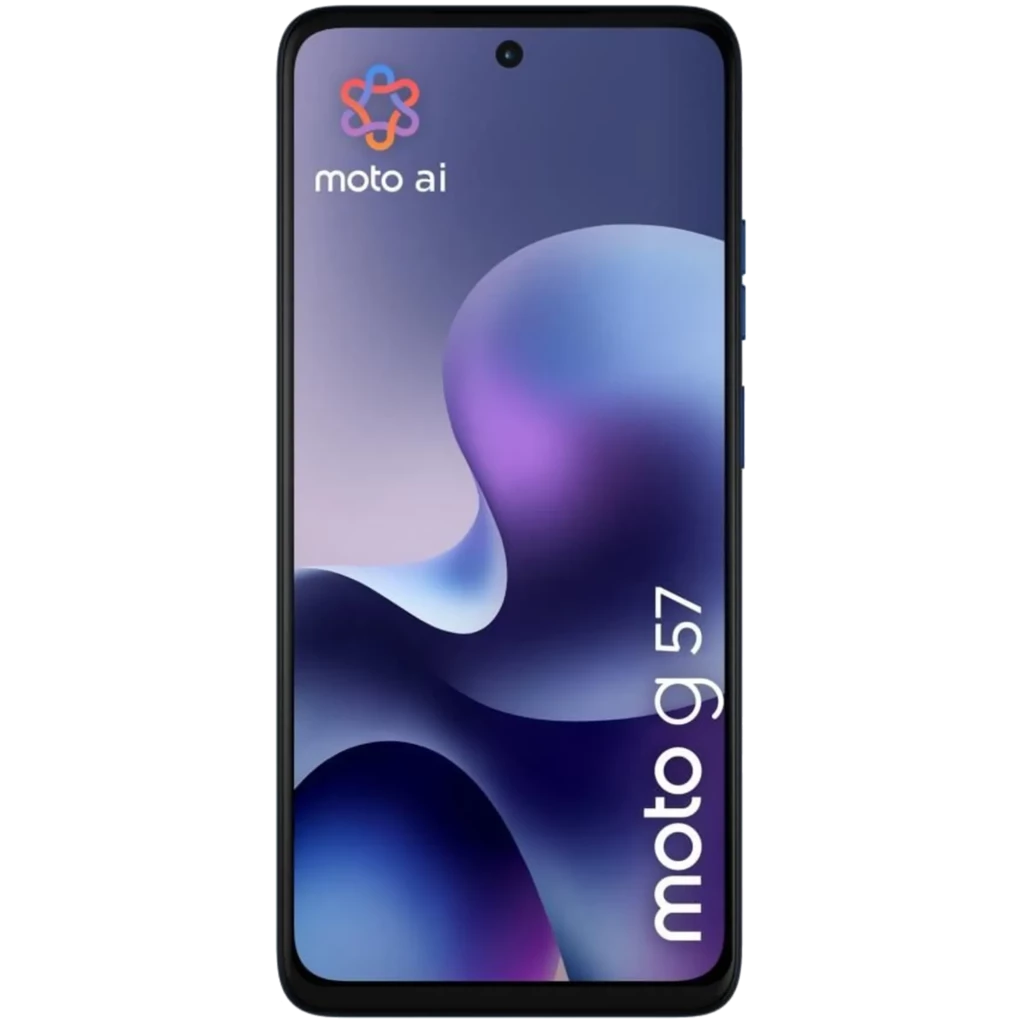Motorola Moto G57 5G azul con pantalla 120 Hz, orificio centrado para cámara frontal, bordes delgados, logo moto ai en pantalla y texto moto g57 vertical
