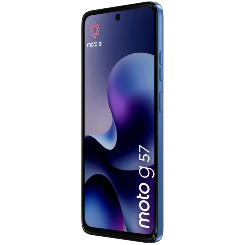 Motorola Moto G57 5G azul con pantalla 120 Hz, biseles delgados, cámara frontal en orificio y botones laterales; diseño estilizado y moderno