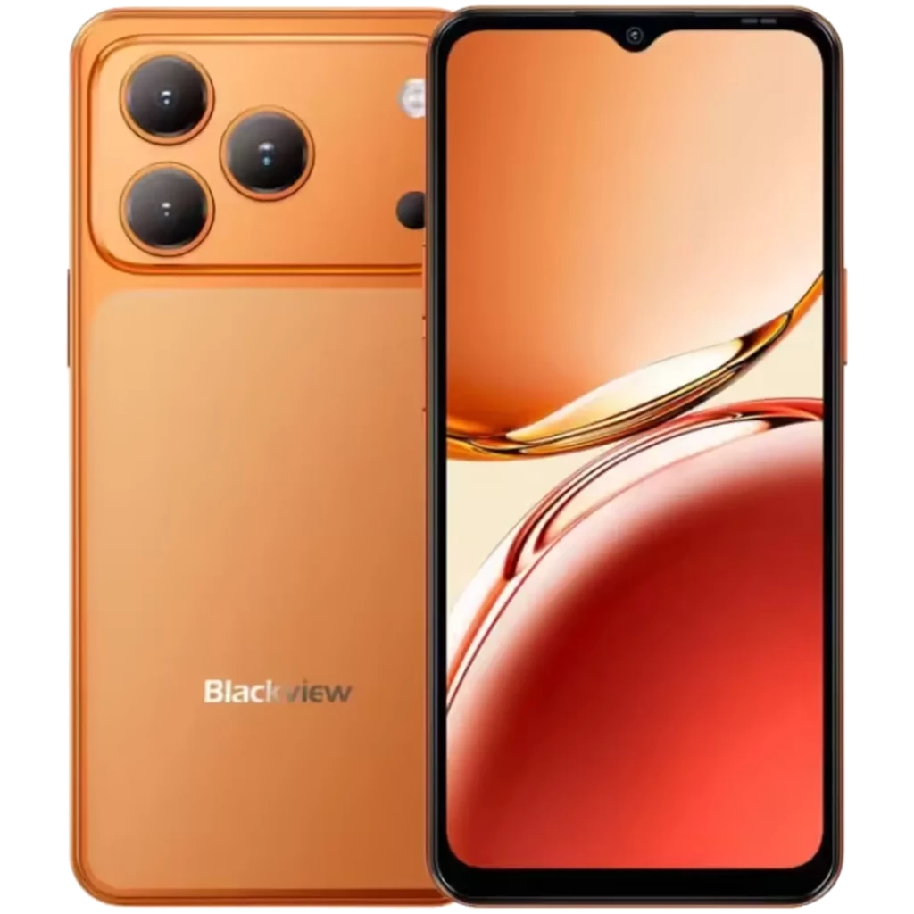 Blackview WAVE 7C naranja con triple cámara trasera en módulo cuadrado, flash LED, pantalla frontal con notch en gota y marcos delgados