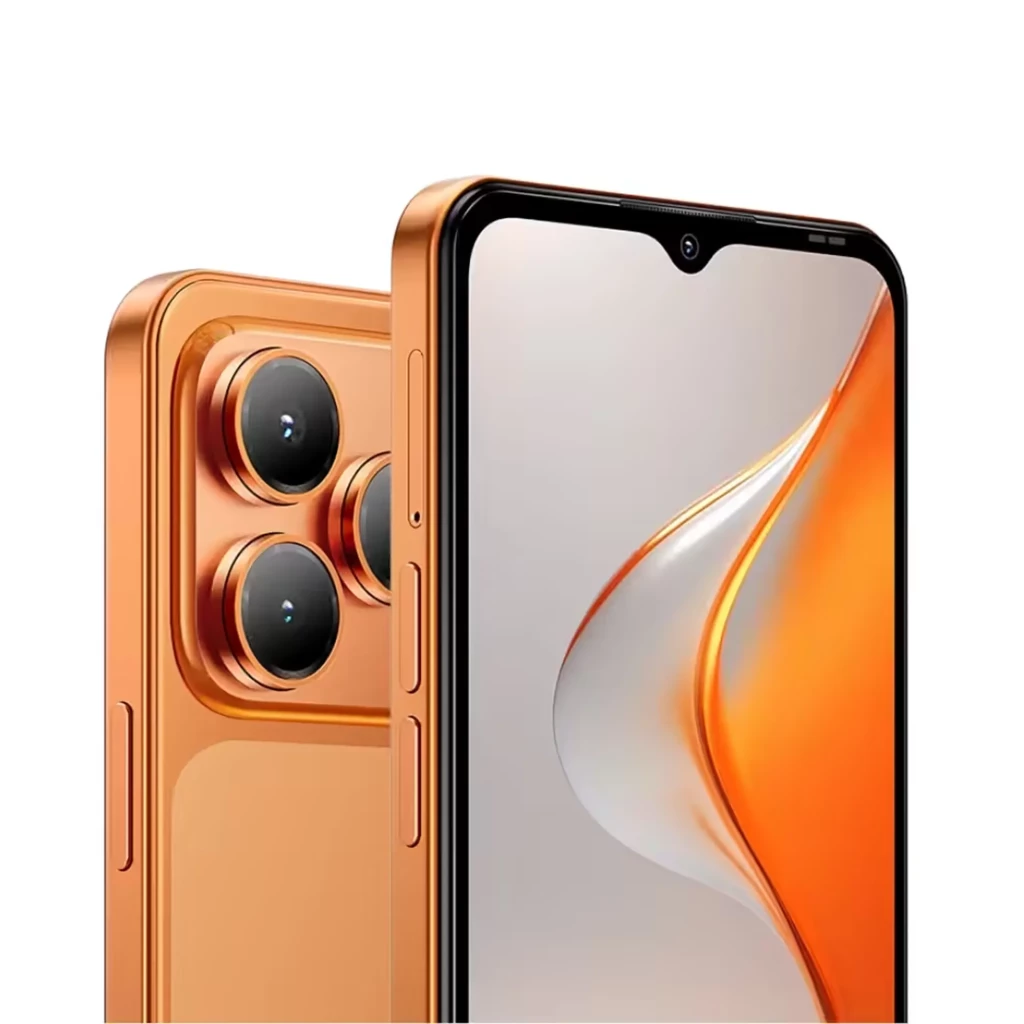 Smartphone naranja con pantalla notch en gota, bordes rectos metálicos y módulo trasero dual con lentes grandes y aro negro, diseño moderno y brillante