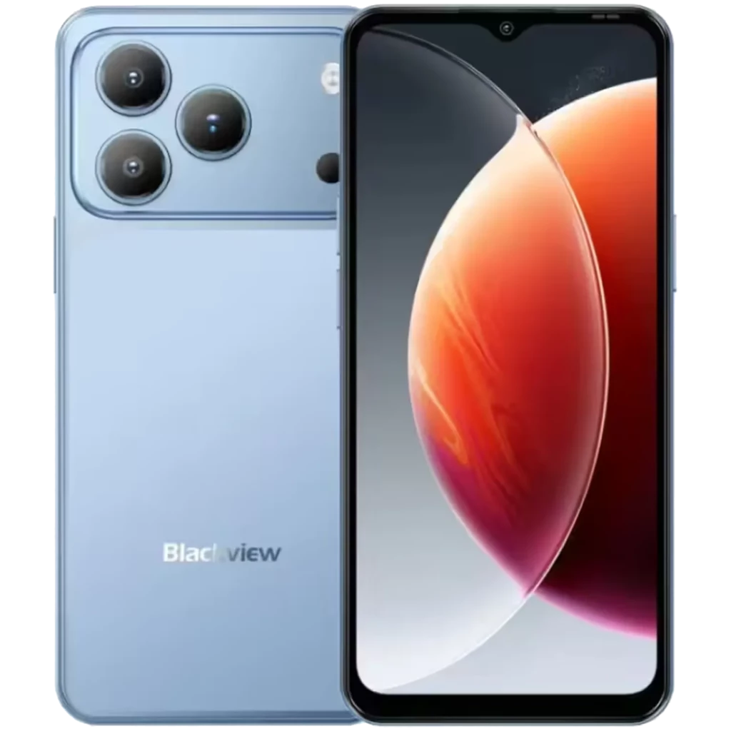 Blackview WAVE 7C azul con triple cámara trasera, frontal tipo gota, pantalla HD+ amplia y bordes delgados; diseño elegante y desbloqueo facial