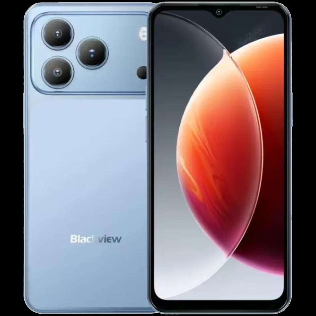 Blackview WAVE 7C azul con triple cámara trasera, frontal tipo gota, pantalla HD+ amplia y bordes delgados; diseño elegante y desbloqueo facial
