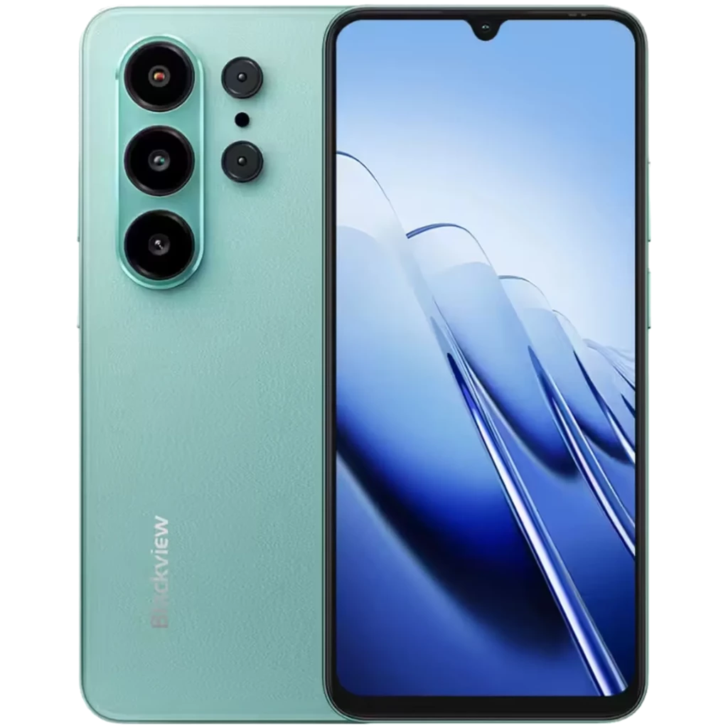Smartphone verde Blackview WAVE 10 con pantalla HD+ de bordes finos, notch en gota, triple cámara trasera con flash, acabado texturizado y logo Blackview