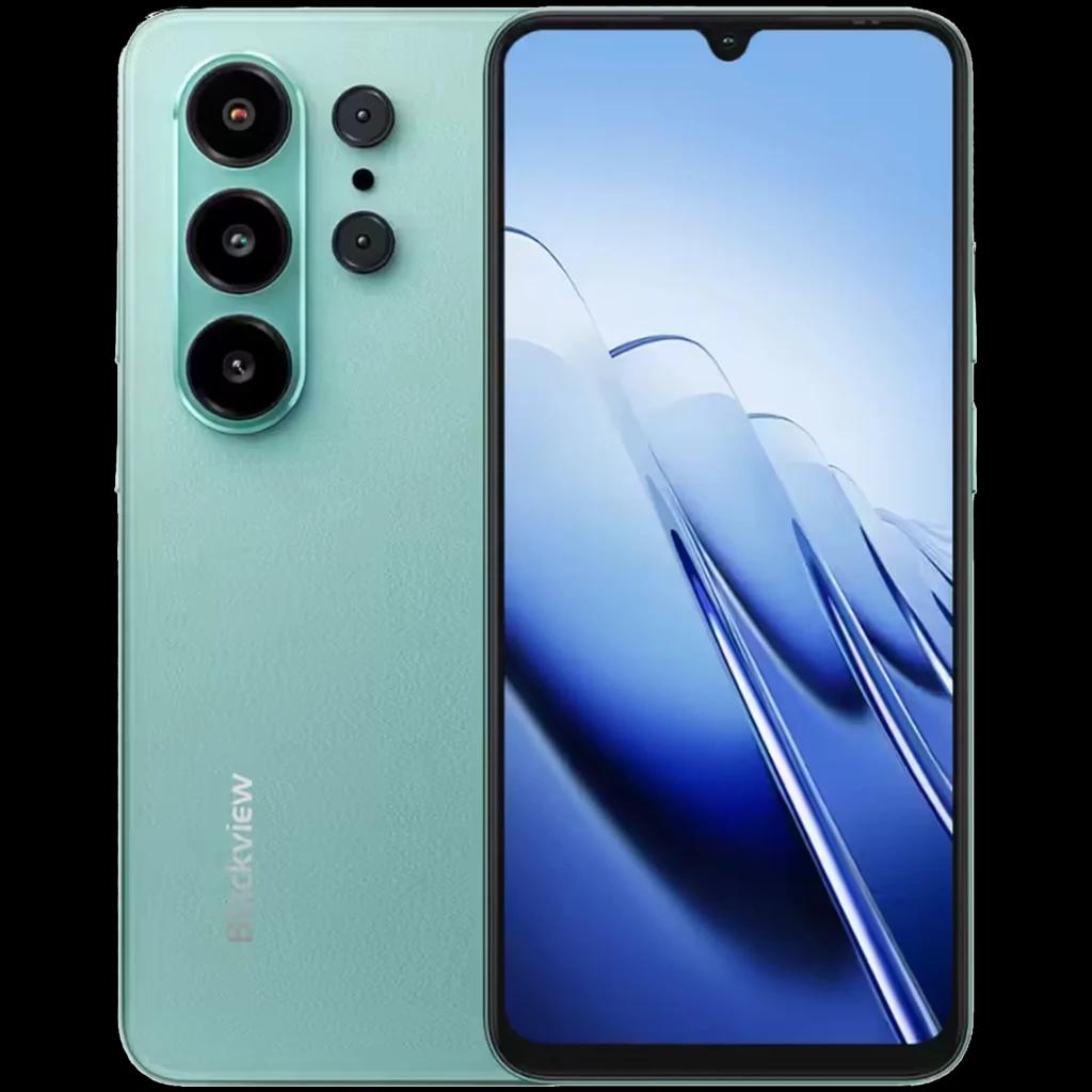 Smartphone verde Blackview WAVE 10 con pantalla HD+ de bordes finos, notch en gota, triple cámara trasera con flash, acabado texturizado y logo Blackview