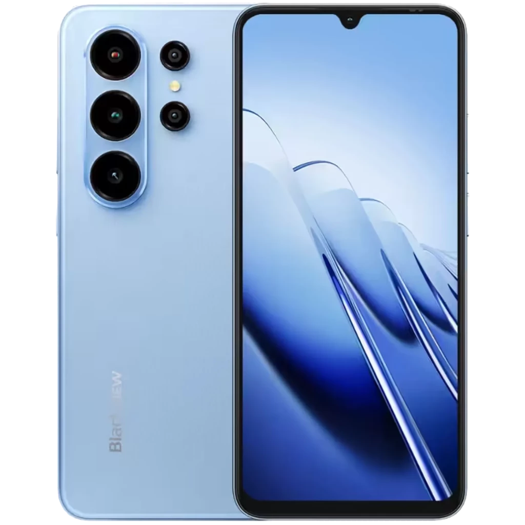 Blackview WAVE 10 bleu avec écran HD+ bord à bord, encoche goutte, dos mat et triple caméra verticale; 128 Go, 8 Go RAM, batterie 5000 mAh