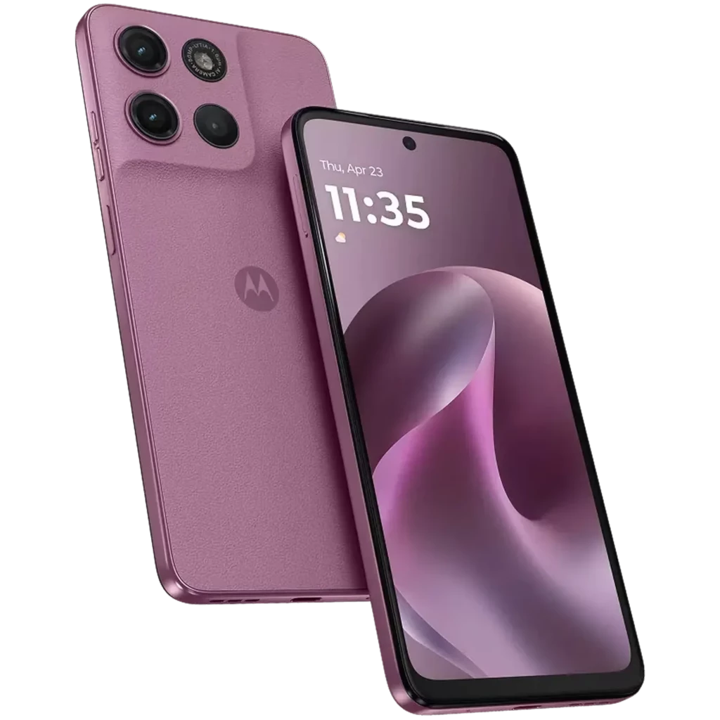 Motorola Moto G17 color Bordeaux con triple cámara trasera, pantalla 6.72 pulgadas con agujero central, bordes finos y acabado texturizado elegante