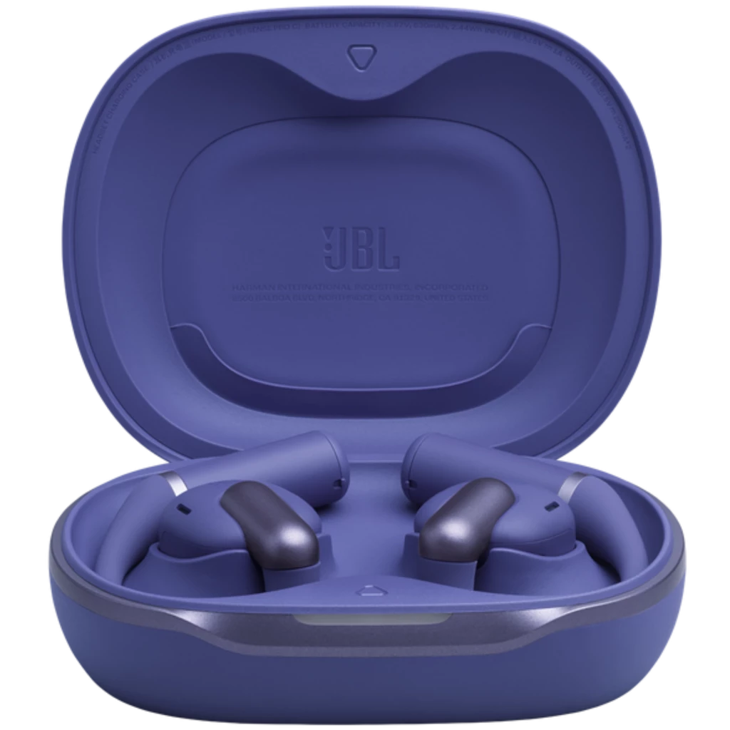 Boîtier bleu compact avec deux écouteurs open‑ear JBL, embouts noirs, design ergonomique, finition mate, logo JBL gravé à l’intérieur du coffret