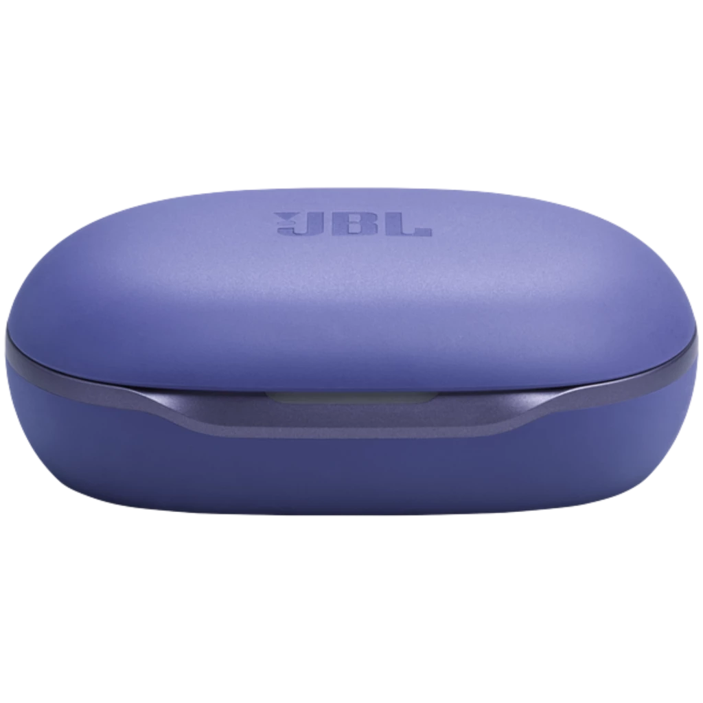 Boîtier de charge bleu mat JBL compact, logo discret sur le dessus, forme ovale lisse avec fente frontale, finition soignée assortie aux écouteurs Open-Ear