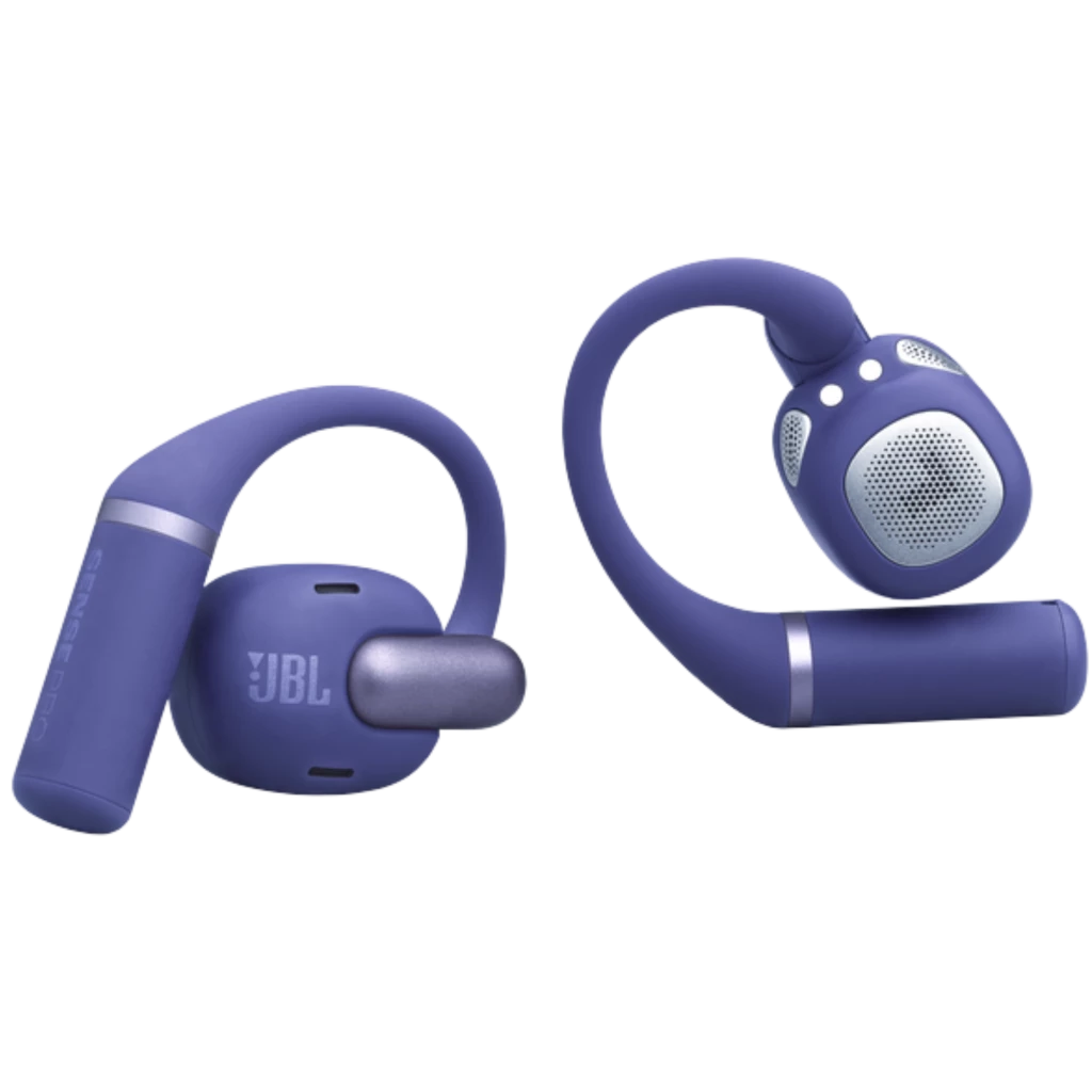 JBL Sense Pro bleus, tours d’oreille ouverts, finitions mates, grille argentée Hi‑Res, commandes latérales, design sportif léger et sécurisé