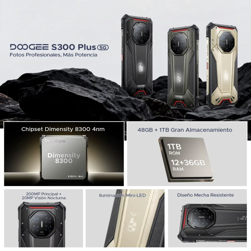 Doogee S300 Plus negro robusto con cámara trasera 200MP y visión nocturna, 1TB ROM, 12+36GB RAM, 5G, diseño resistente con esquinas reforzadas y mini‑LED