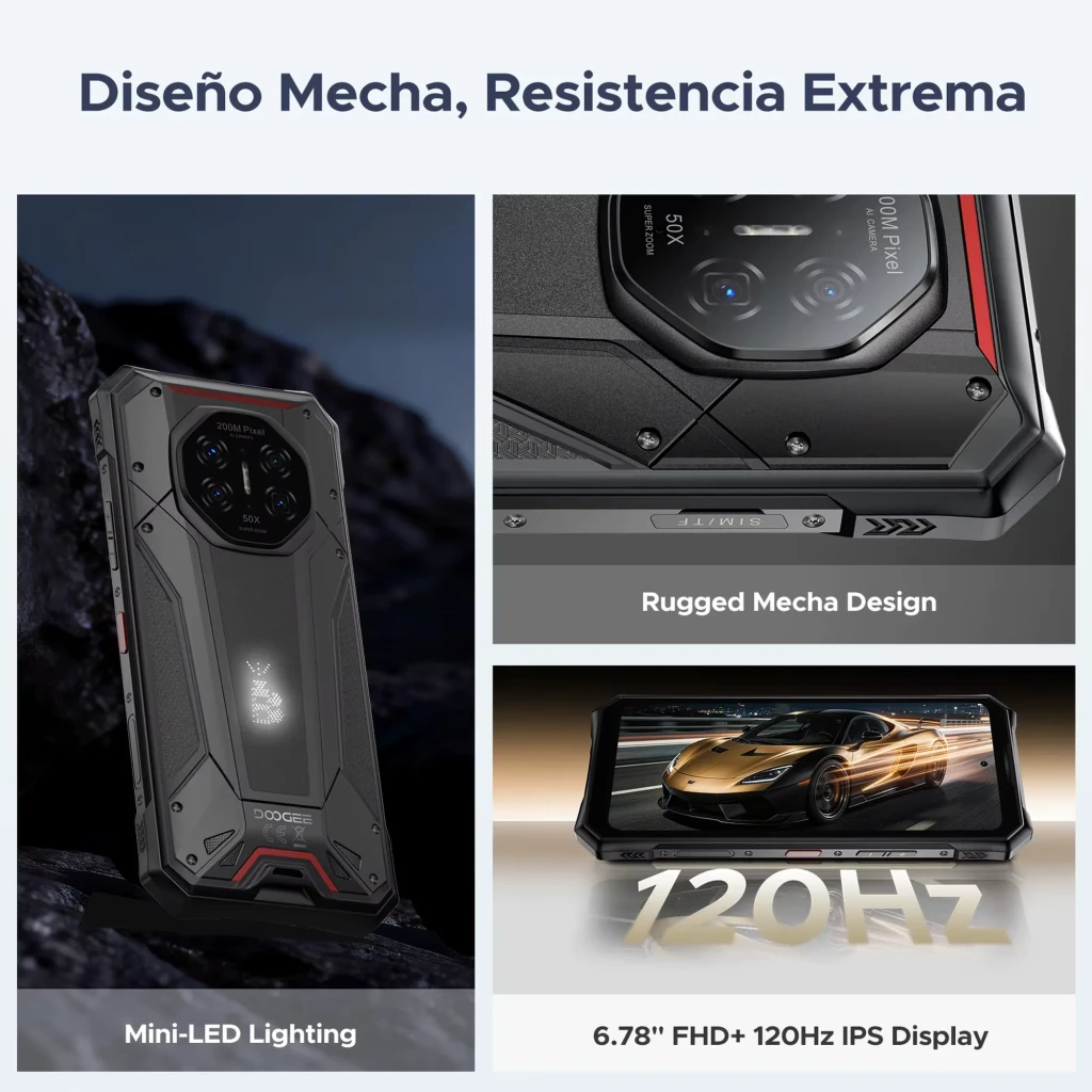 Doogee S300 Plus negro resistente con diseño mecha, carcasa robusta, cámara trasera múltiple con visión nocturna, luz mini LED y pantalla 6.78 FHD+ 120Hz