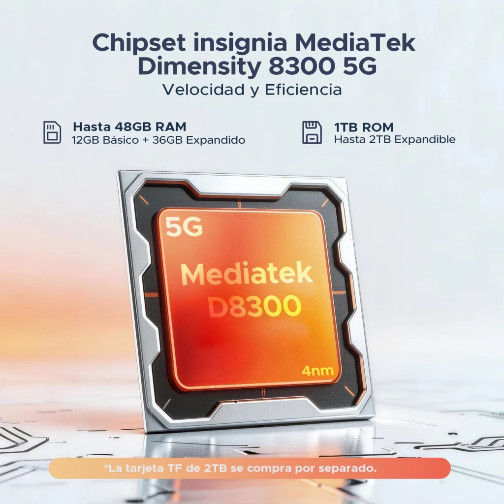 Chipset MediaTek Dimensity 8300 5G de 4 nm con 5G; 12GB RAM + 36GB expansión, 1TB ROM ampliable hasta 2TB TF. Placa metálica con diseño cuadrado naranja
