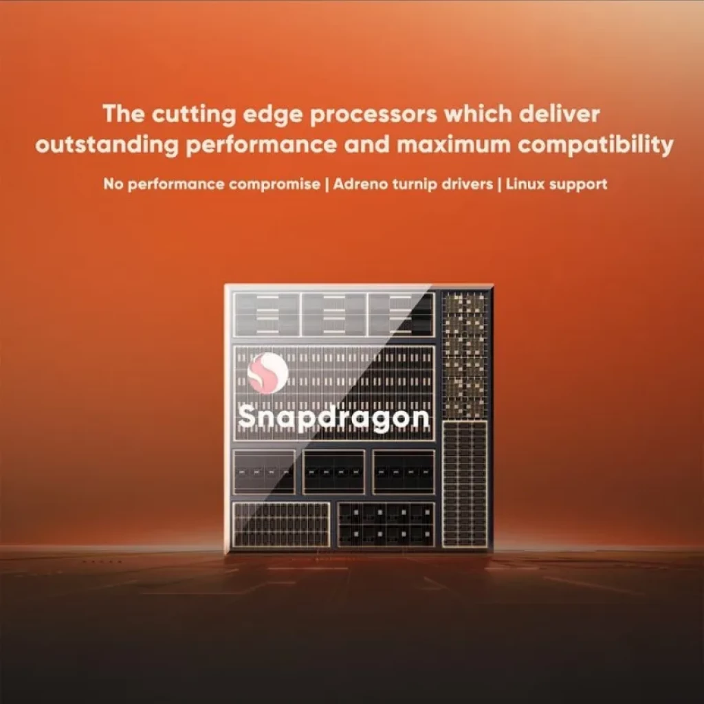 Chip Snapdragon destacado en primer plano, diseño de circuito detallado sobre fondo degradado naranja, resaltando potencia, compatibilidad y soporte Linux de