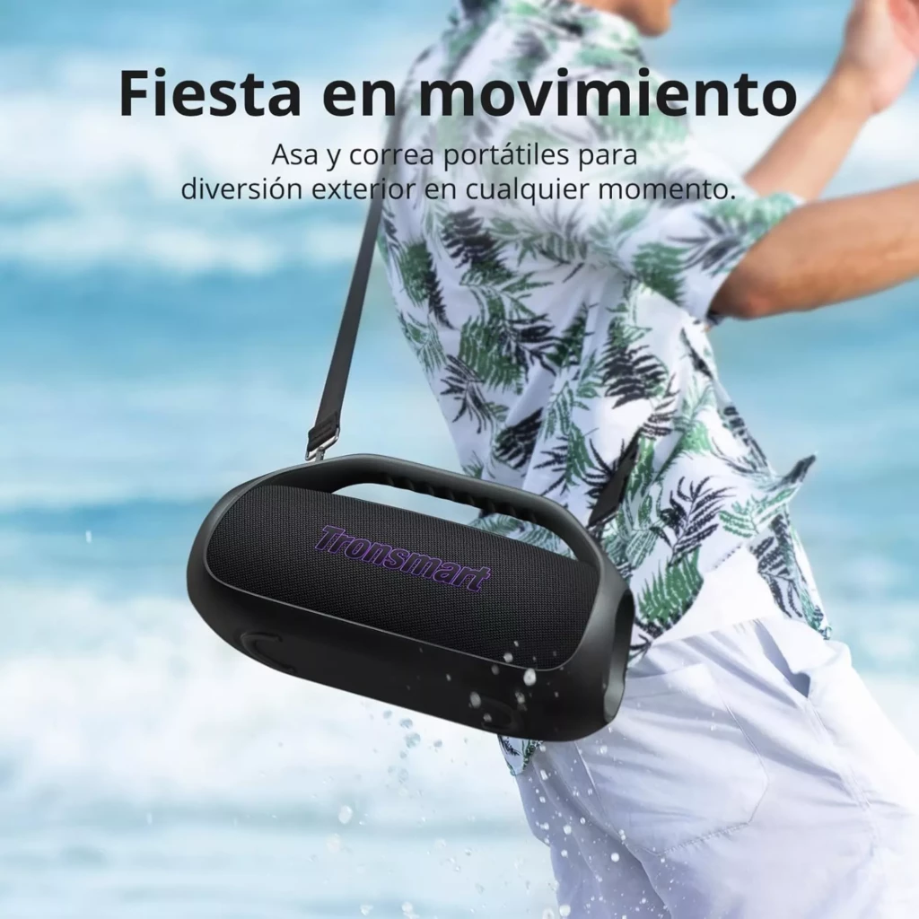 Altavoz Tronsmart Bang 2 negro 90W con asa y correa, resistente a salpicaduras, luces LED frontales moradas y diseño portátil para exterior