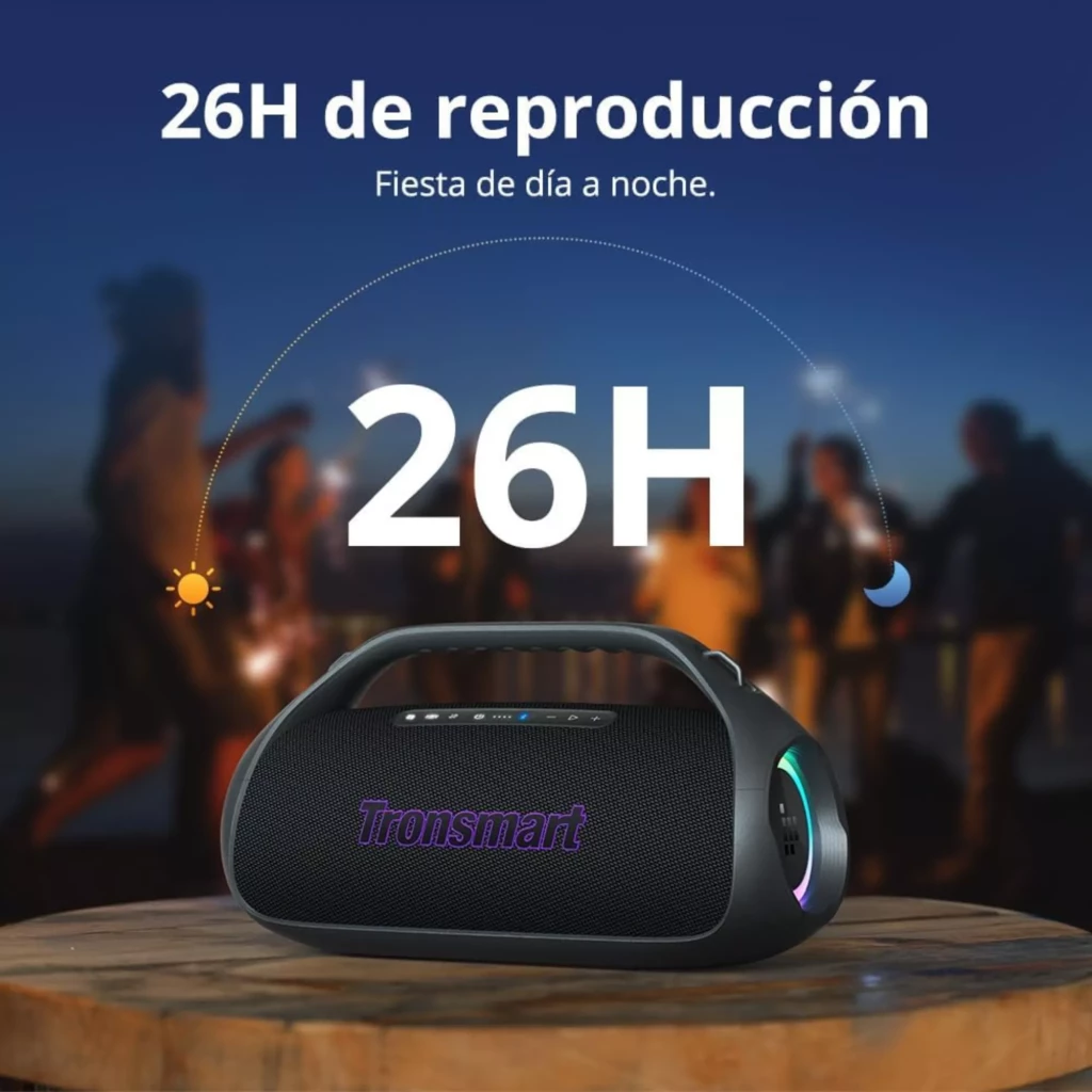 Altavoz Tronsmart Bang 2 negro 90W con asa integrada, rejilla frontal y anillos LED laterales RGB; diseño portátil robusto y pantalla 26H de reproducción