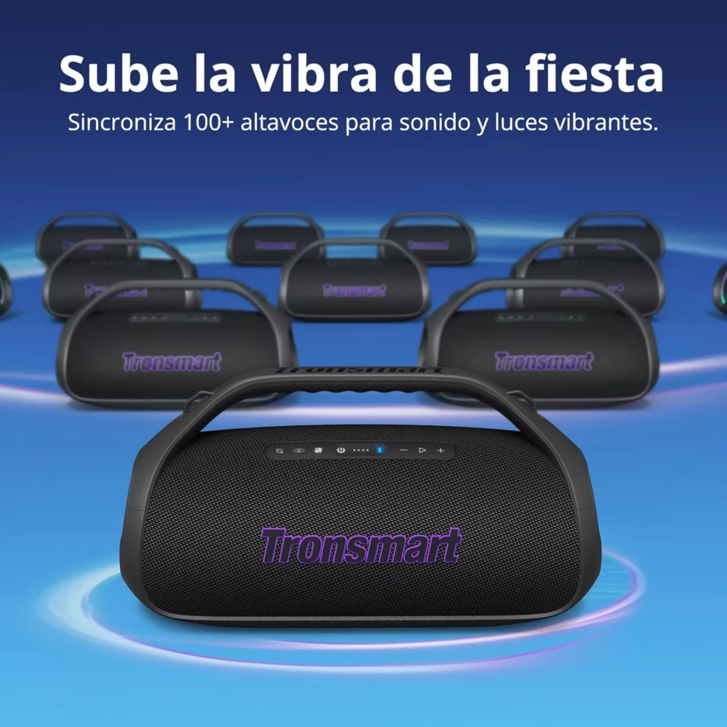 Altavoz Tronsmart Bang 2 Negro 90W con asa, rejilla frontal y logo púrpura, panel superior con botones e indicadores LED, diseño robusto y portable