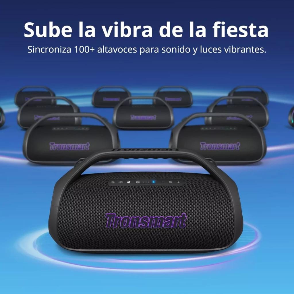 Altavoz Tronsmart Bang 2 Negro 90W con asa, rejilla frontal y logo púrpura, panel superior con botones e indicadores LED, diseño robusto y portable