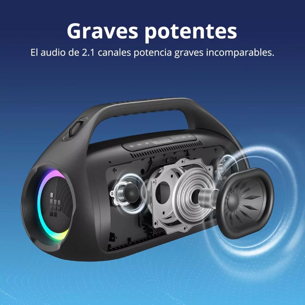 Tronsmart Bang 2 Negro 90W, altavoz Bluetooth 2.1 con cuerpo robusto, asa integrada y anillos LED multicolor; destaca el subwoofer frontal y tweeters visibles