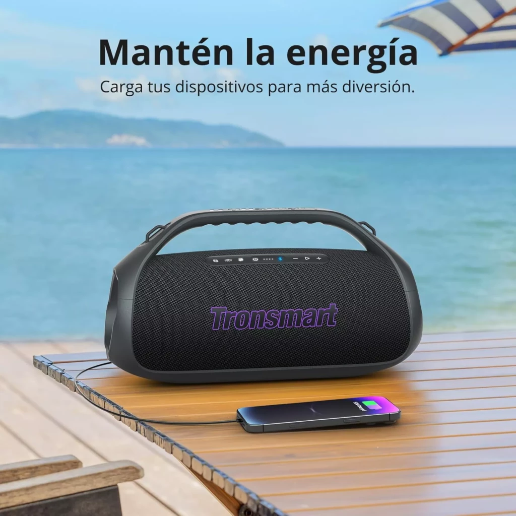 Altavoz Tronsmart Bang 2 Negro 90W con asa integrada, panel de control superior, rejilla frontal con logo morado y diseño portátil resistente para exteriores