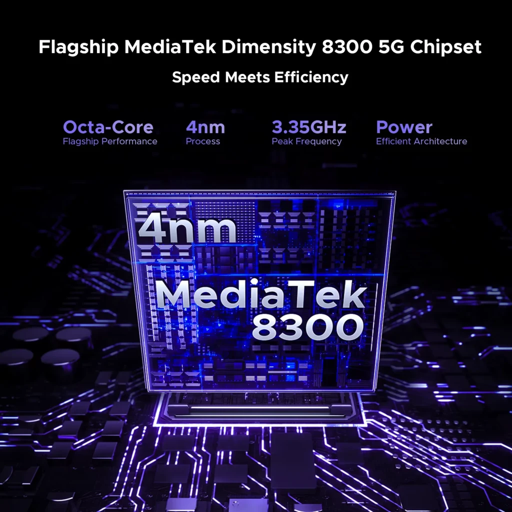 Chipset MediaTek Dimensity 8300 5G de 4 nm, CPU octa core y 3.35 GHz, enfoque en eficiencia y potencia con circuito y gráfico futurista violeta-negro