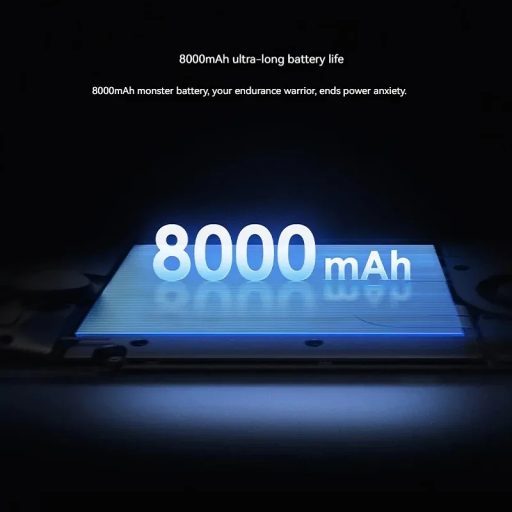 Batería 8000 mAh iluminada en azul, enfoque en autonomía ultra larga