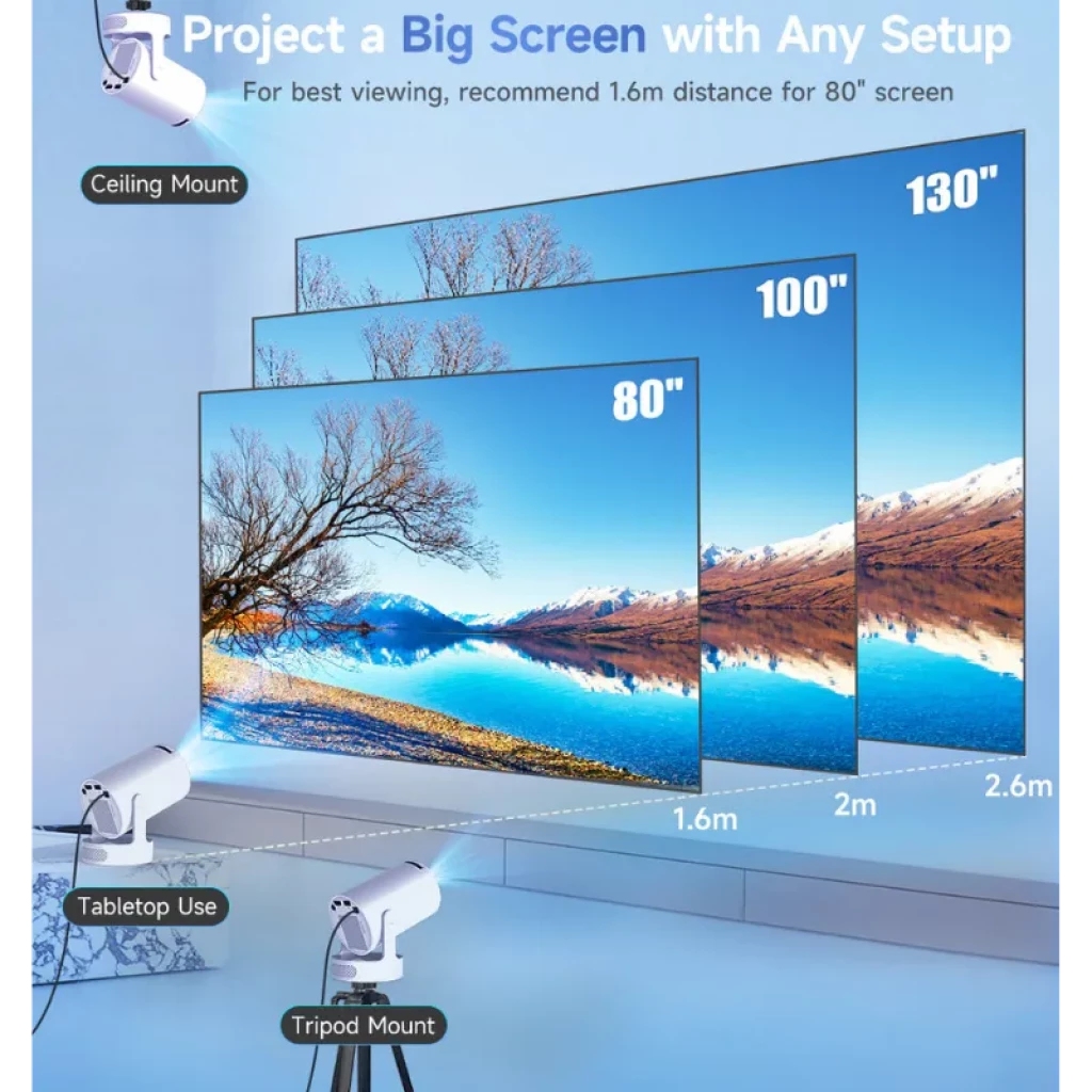 Magcubic HY300 Pro Plus proyecta pantalla grande de 80 a 130 pulgadas; montaje en techo, trípode o mesa; distancia óptima 1.6 m para 80 pulgadas