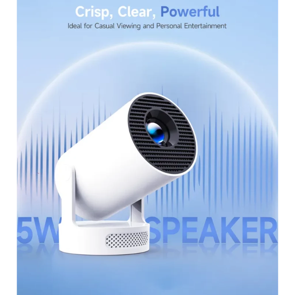 Magcubic HY300 Pro Plus HD 200 ANSI - Proyector compacto blanco con lente frontal azul, rejilla negra, soporte giratorio y altavoz integrado de 5W