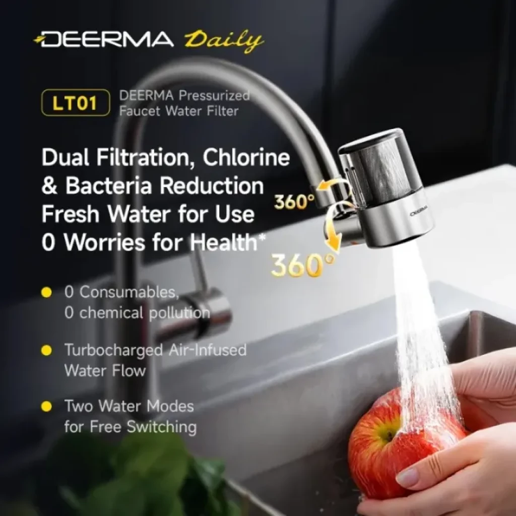 Deerma LT01 Filtro de Agua a Presión para Grifo, cuerpo metálico plateado, rotación 360°, chorro aireado potente y dos modos de agua, instalado en grifo