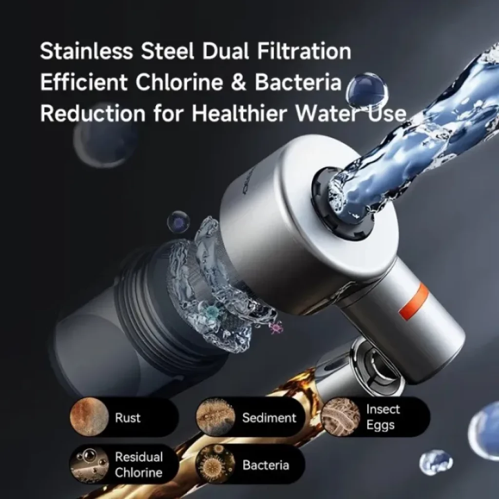 Deerma LT01 con carcasa metálica, doble filtración visible, reduce cloro y bacterias, elimina óxido y sedimentos