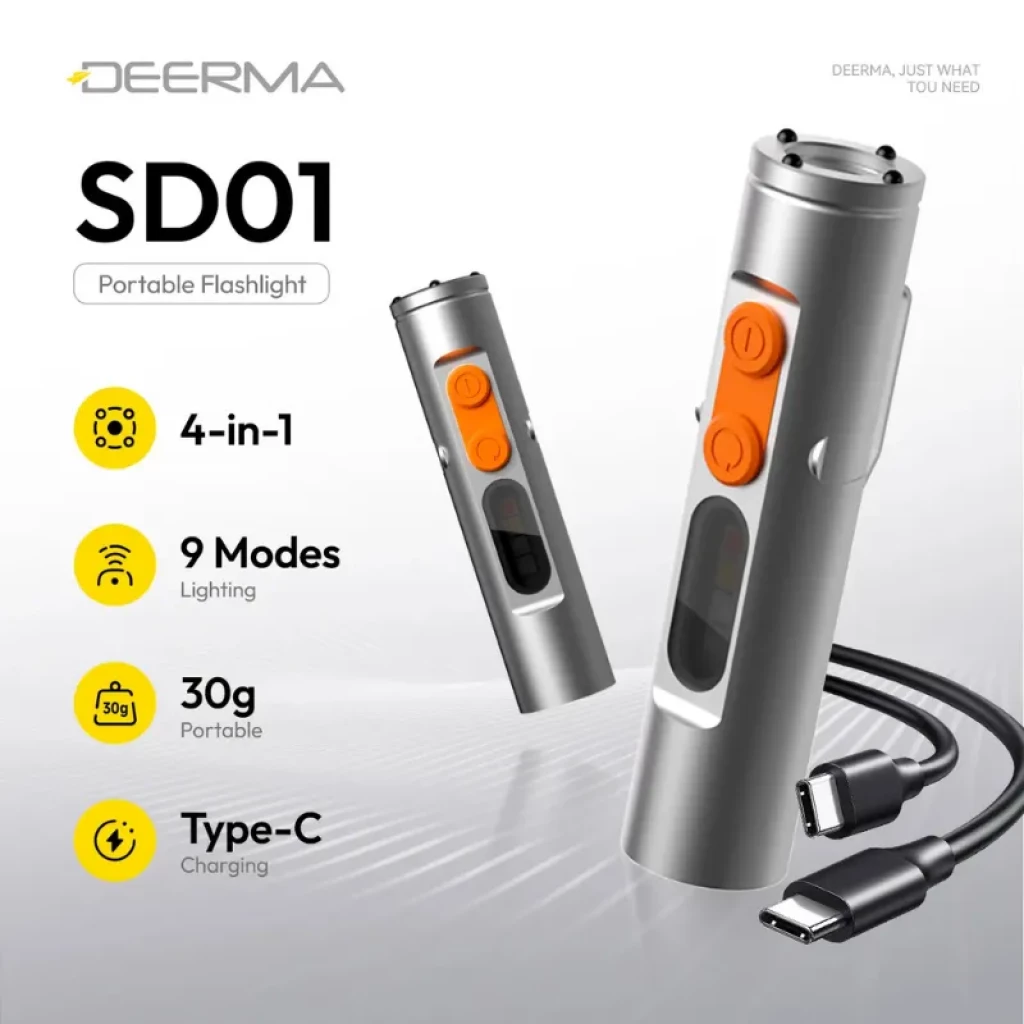 Deerma SD01 - Linterna LED Recargable en aluminio gris, botones naranjas, panel indicador, 9 modos, puerto USB-C y diseño portátil ligero de 30 g