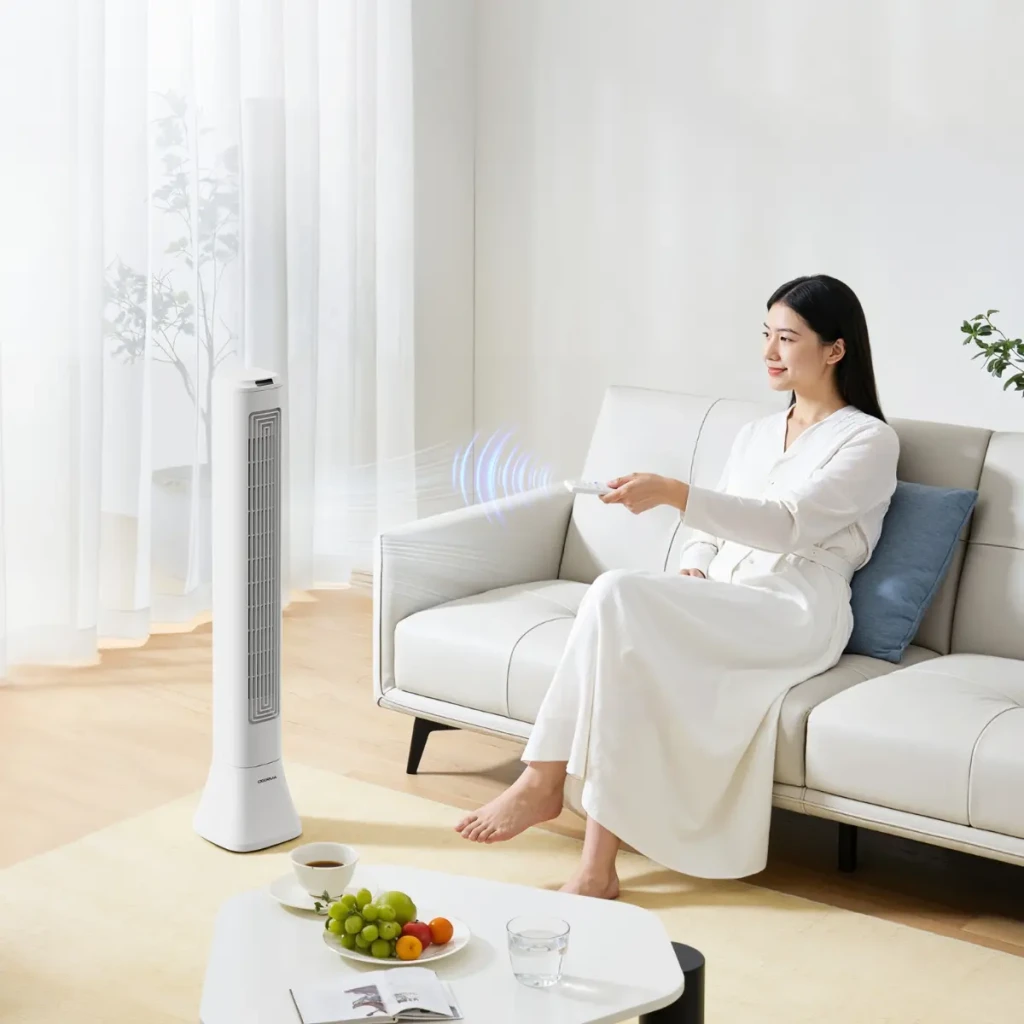 Deerma FD130W 45W Ventilador de Torre blanco y esbelto con rejilla vertical, base estable y control remoto, ideal para sala moderna con flujo de aire uniforme