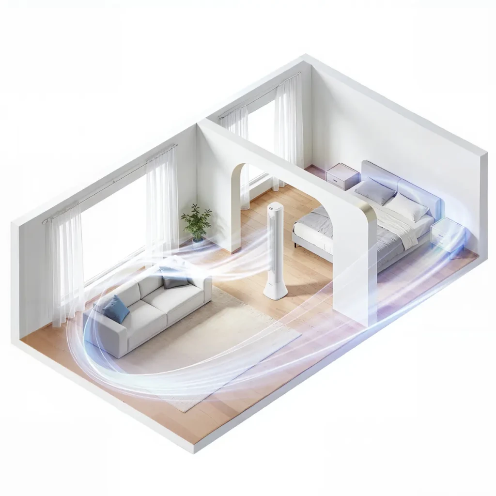 Deerma FD130W 45W Ventilador de Torre blanco, diseño esbelto, oscilación amplia, flujo de aire silencioso para sala y dormitorio, base estable y control