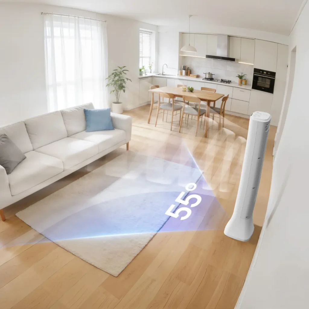 Deerma FD130W 45W Ventilador de Torre blanco, delgado y alto, oscilación 55°, control superior, ideal para sala moderna, diseño minimalista y silencioso