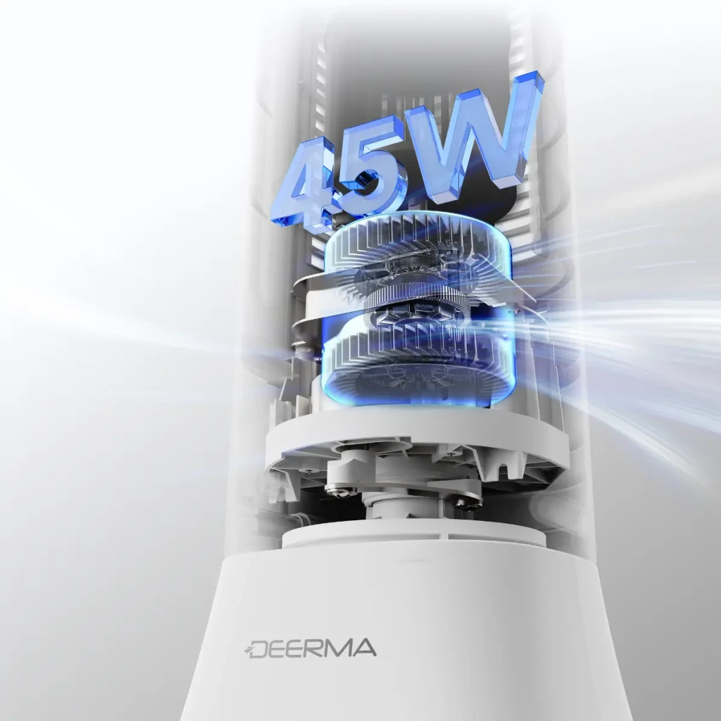 Deerma FD130W 45W Ventilador de Torre con motor potente visible, diseño blanco minimalista y cuerpo transparente que muestra el mecanismo interno iluminado en