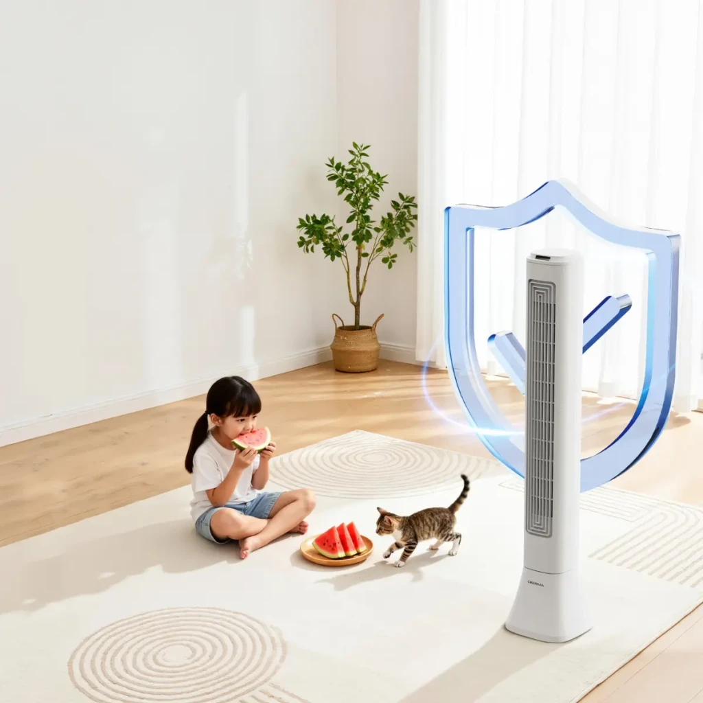 Deerma FD130W 45W ventilador de torre blanco, diseño alto y delgado, rejilla vertical, base estable, flujo de aire lateral, ideal para hogar moderno