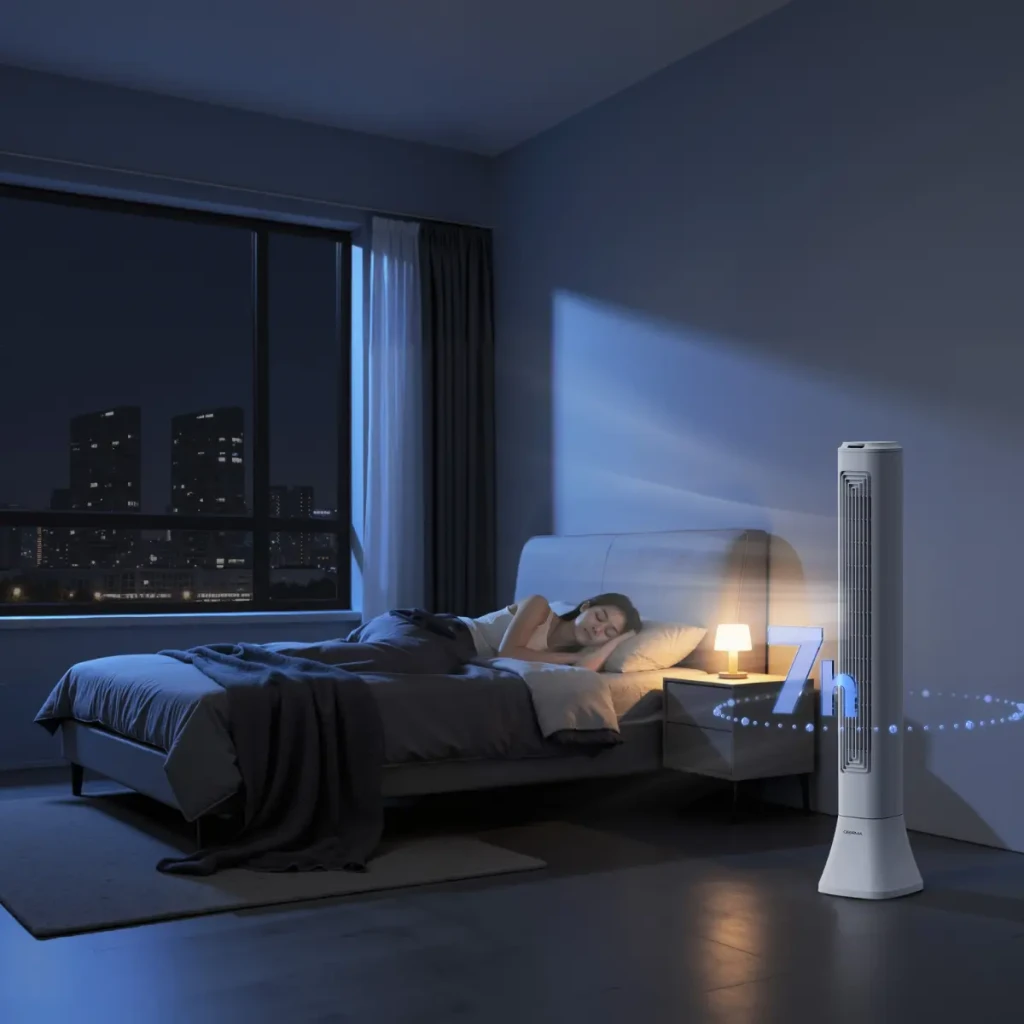 Deerma FD130W 45W Ventilador de Torre blanco, diseño esbelto con rejilla vertical, base estable, oscilación lateral y temporizador 7 h para dormitorio