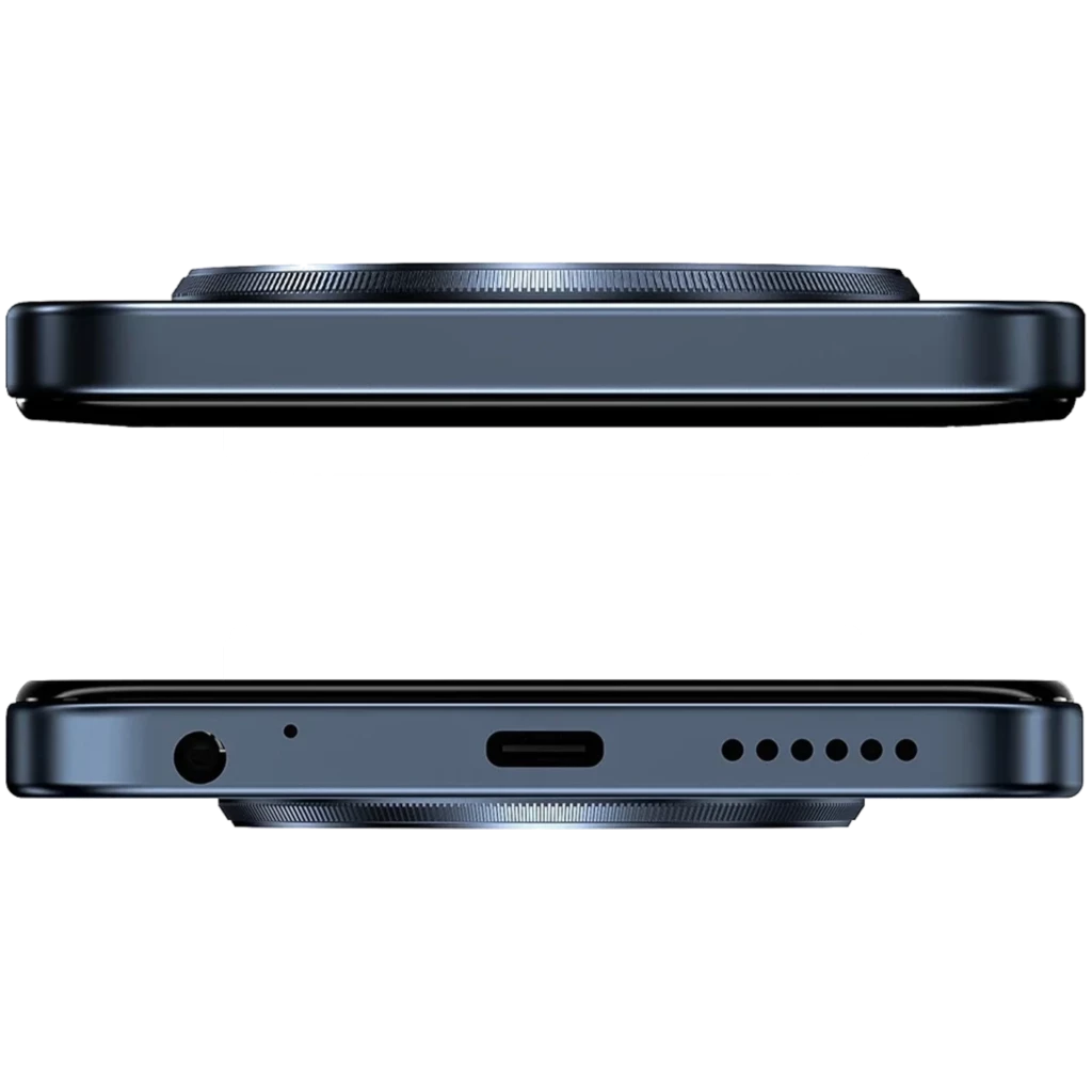 Bordes metálicos en negro con módulo de cámara prominente, puerto USB-C centrado, altavoces perforados y jack 3.5 mm en un cuerpo delgado y elegante