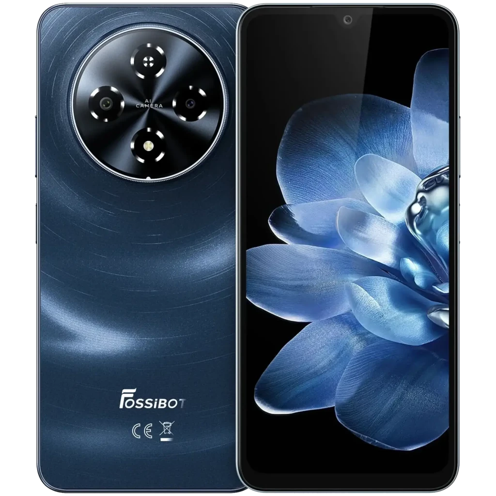 Fossibot S5 Pro negro con pantalla HD+ de 6.88 pulgadas, módulo de cámara circular trasero con 4 lentes y frontal con flor azul vívida en display