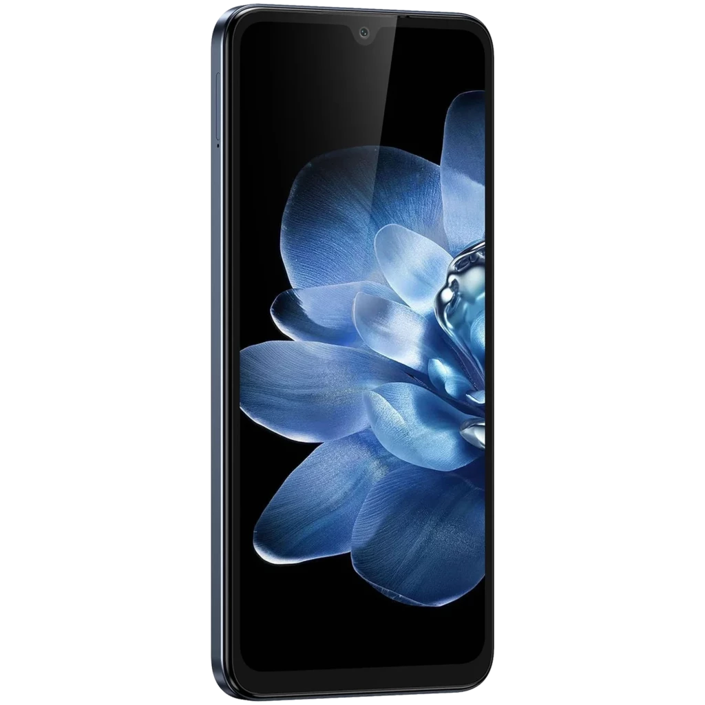 Fossibot S5 Pro negro con pantalla HD+ 6.88 casi sin bordes, notch en V y brillo intenso. Diseño elegante con marco metálico y acabado oscuro brillante