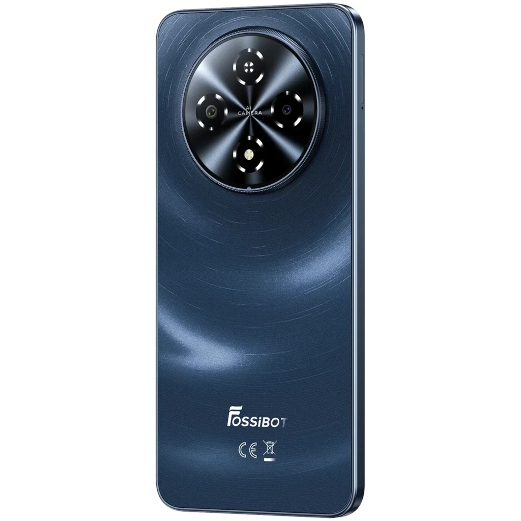 Smartphone negro con tapa trasera texturizada, módulo de cámara circular con cuatro lentes y flash, bordes rectos metálicos y acabado brillante elegante