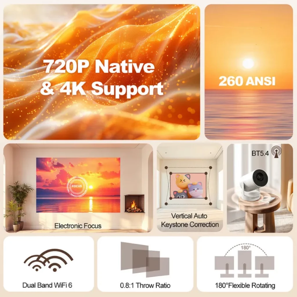 Magcubic HY300 Ultra con 720p nativo y soporte 4K, 260 ANSI, enfoque electrónico, corrección vertical, BT5.4, WiFi 6 y giro 180°