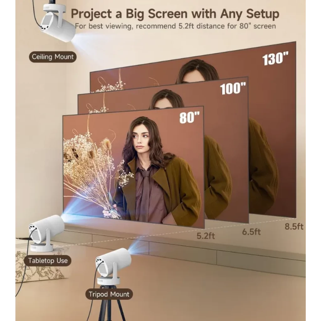 Magcubic HY300 Ultra proyector compacto blanco con soporte de techo, mesa o trípode; pantalla ajustable 80, 100 y 130 pulgadas