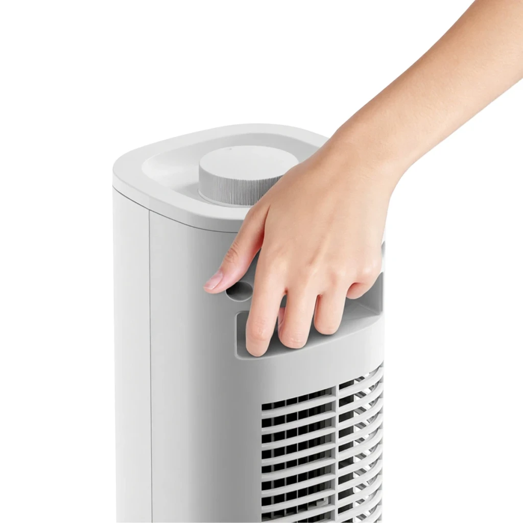 Deerma FD140W - Ventilador de Torre con asa integrada para transporte, perilla superior de control y rejillas frontales en carcasa blanca minimalista