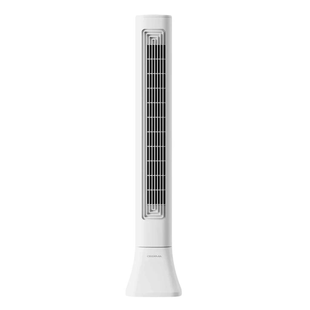 Deerma FD140W - Ventilador de Torre blanco, diseño estilizado y vertical, rejilla frontal alta, base estable triangular, acabado minimalista moderno