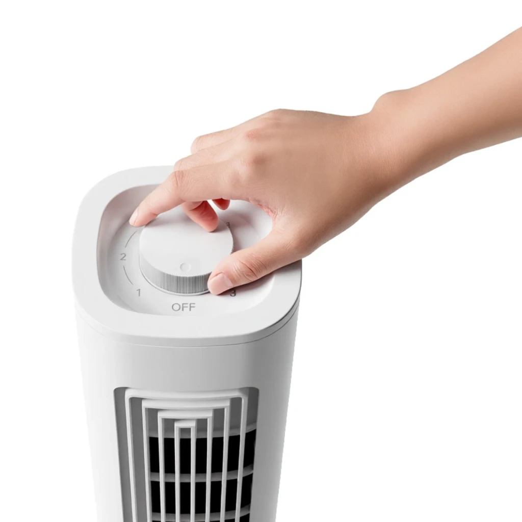 Deerma FD140W - Ventilador de Torre con dial superior de 3 velocidades, diseño blanco minimalista y rejillas verticales para flujo de aire dirigido