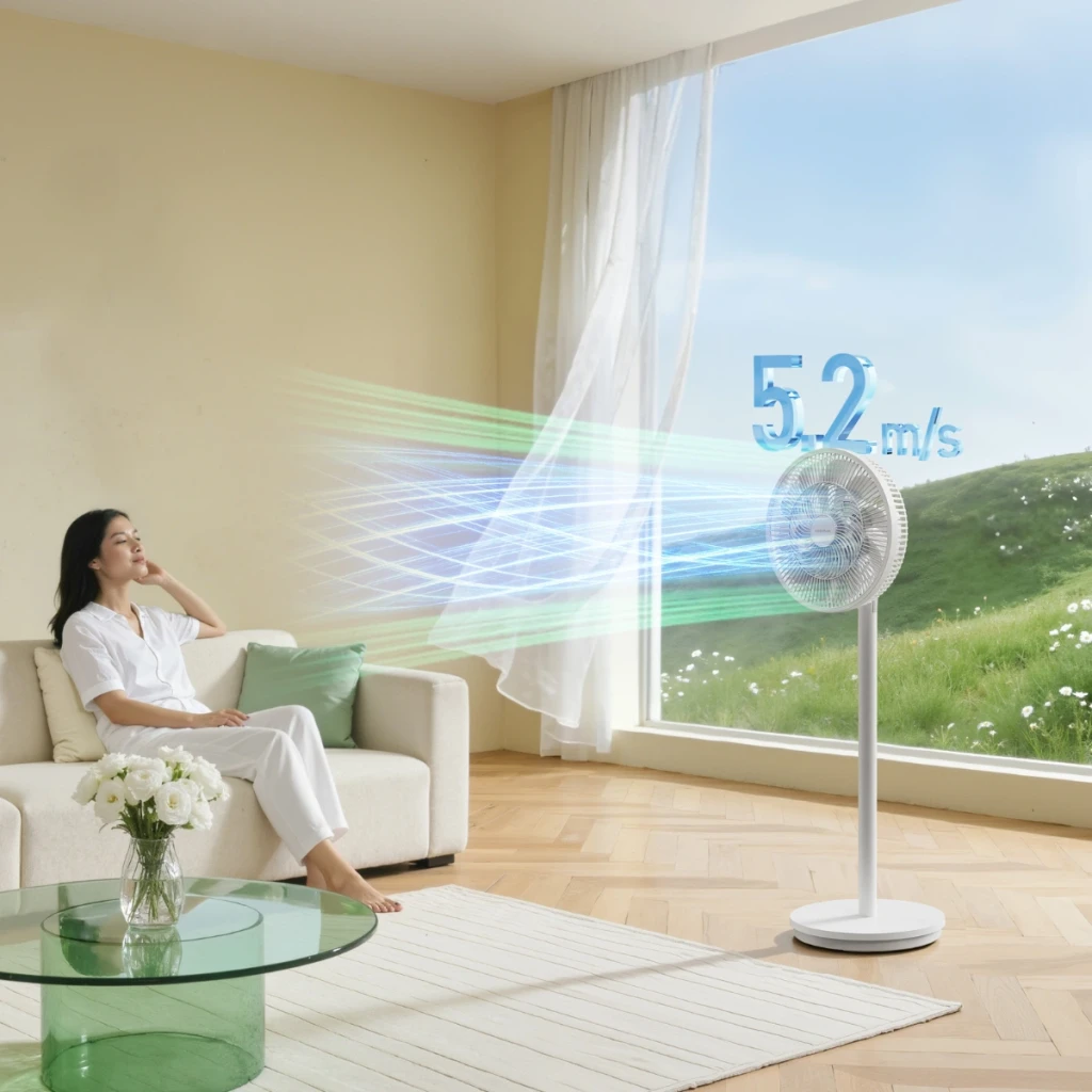Deerma FD13W - Ventilador de Pie blanco, diseño minimalista, altura ajustable, rejilla fina y base estable, flujo de aire potente 5.2 m/s para estancias