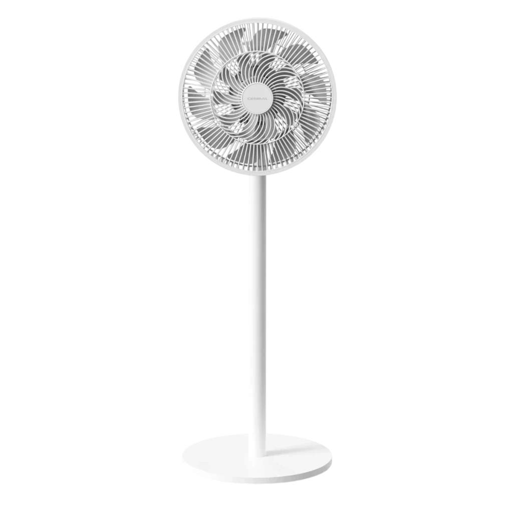 Deerma FD13W - Ventilateur sur pied blanc, colonne fine, grille circulaire à pales hélicoïdales, base ronde stable, design minimaliste et épuré